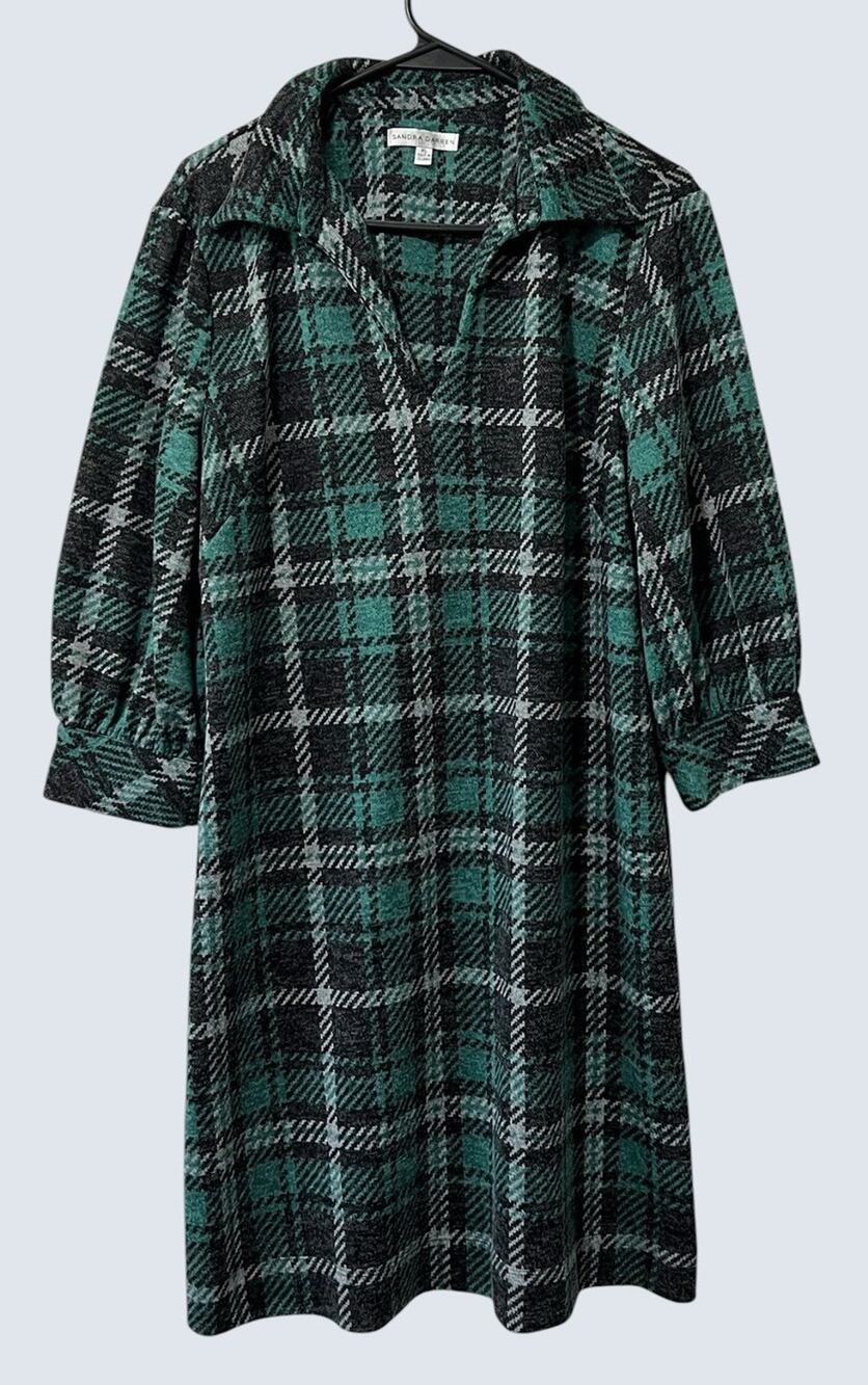 Sandra Darren Sweater Dress Womens XL Black Grey Green Houndstooth Plaid Casual